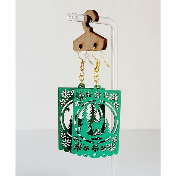 Laser Cut Green Statement Xmas Tree Wood Earrings Jewelry Accessories Artisanal - Picture 1 of 5